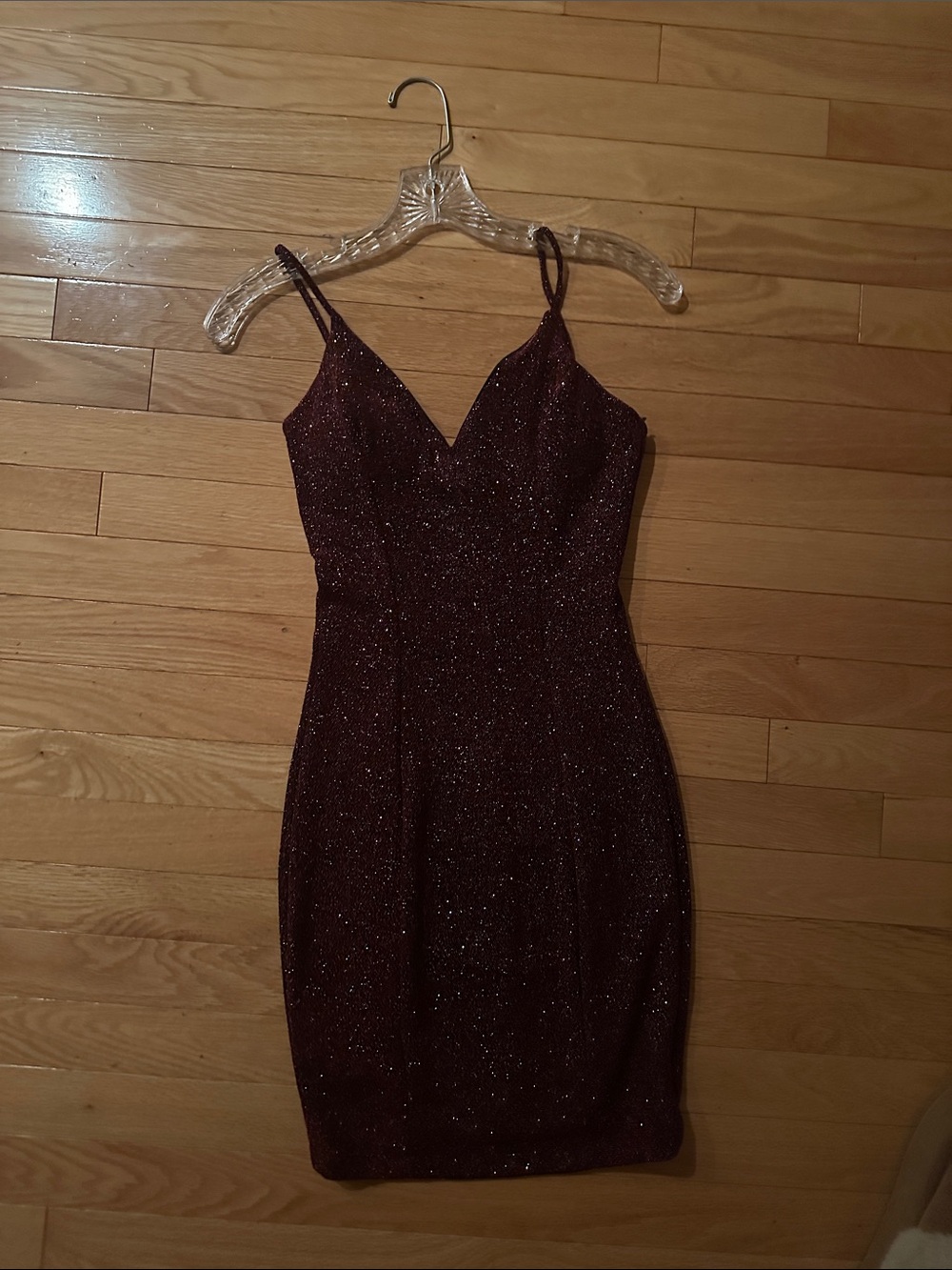 Cara Couture Sparkling Burgundy Spaghetti-Strap Mini Dress